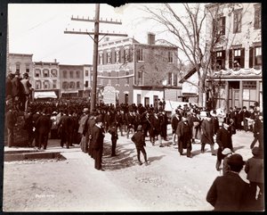 Military Parade with Uniformed Men in Top Hats in Dobbs Ferry, New York (1898)